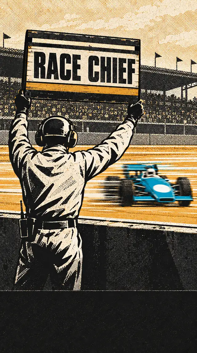 A team boss holds up a pit board reading RACE CHIEF as the car flashes past