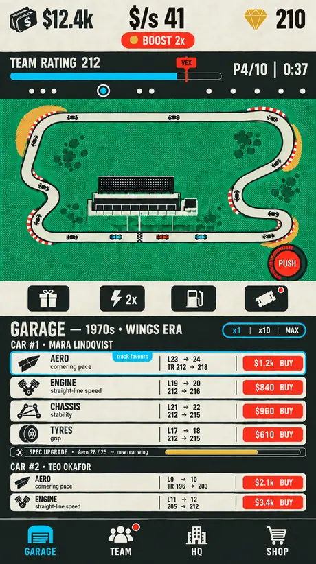 Garage screen with the live race above the upgrade rows