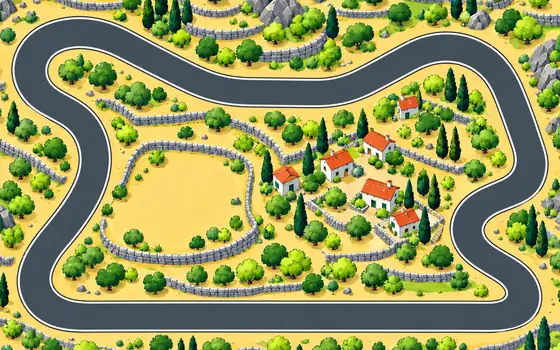 Olive Hill: a tarmac loop round a sandy hill of olive trees, stone walls and a hamlet