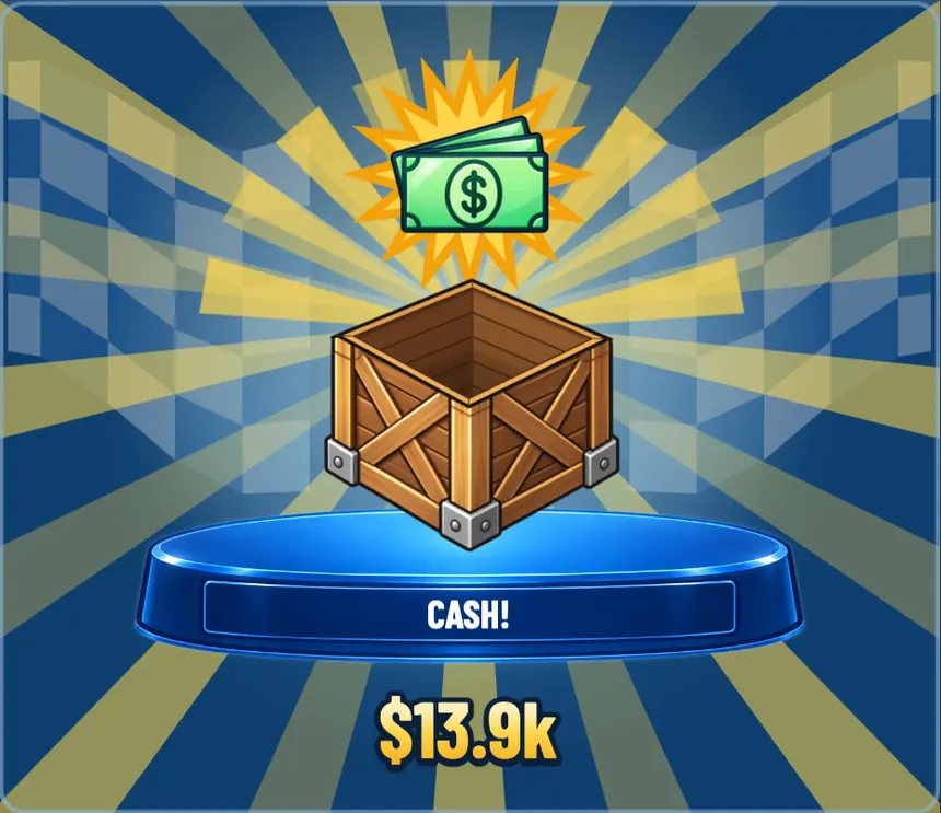 The Prize Crate popup: the crate on its plinth in a burst of gold, a cash prize of $13.9k