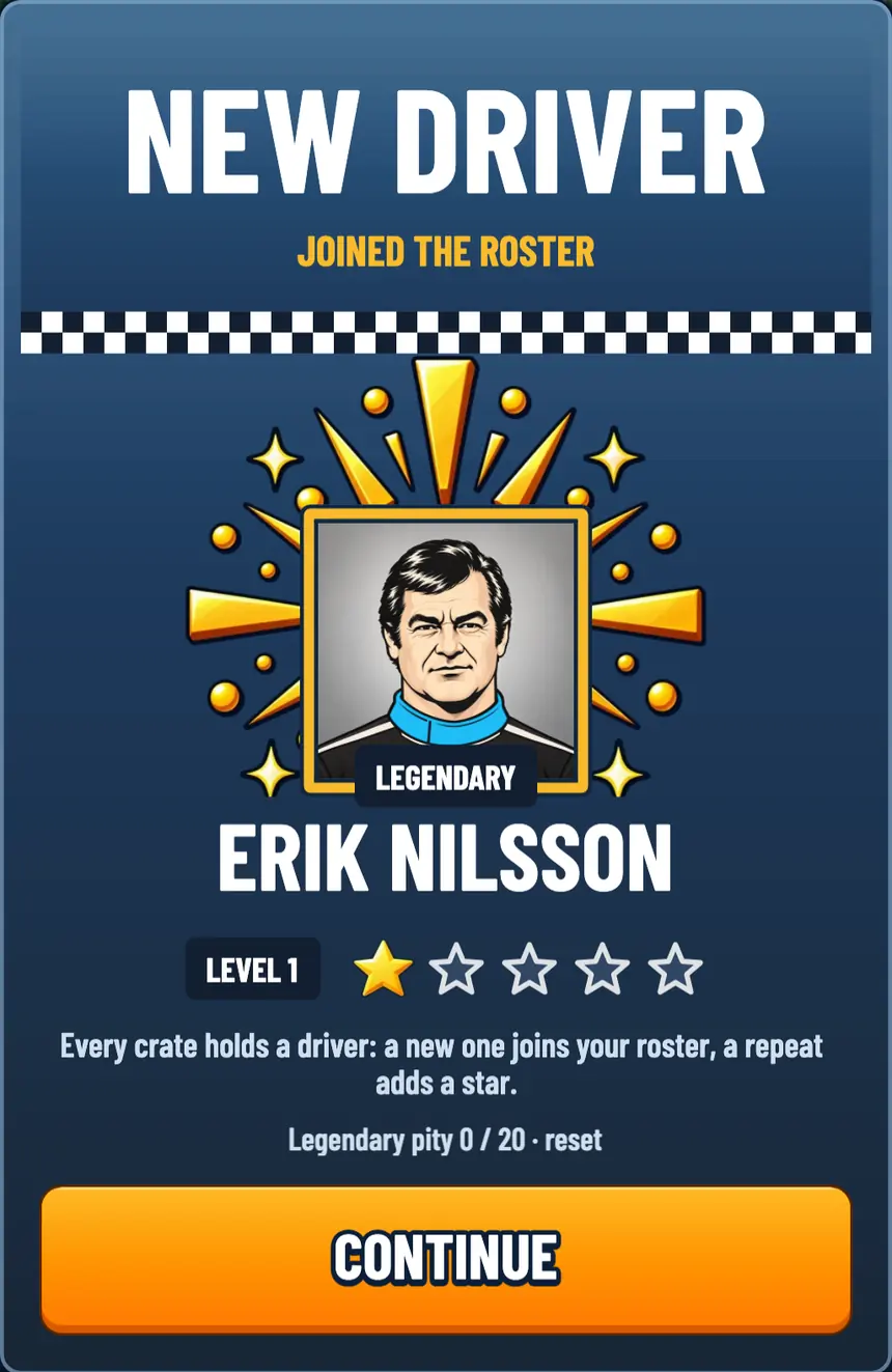 New driver joined the roster: Erik Nilsson, Legendary, level 1, one star of five