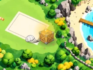 Close up of the race view: the prize crate has landed in the infield beside the circuit, glowing gold, its parachute beside it