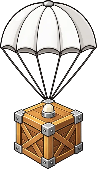 A prize crate floating down under its parachute
