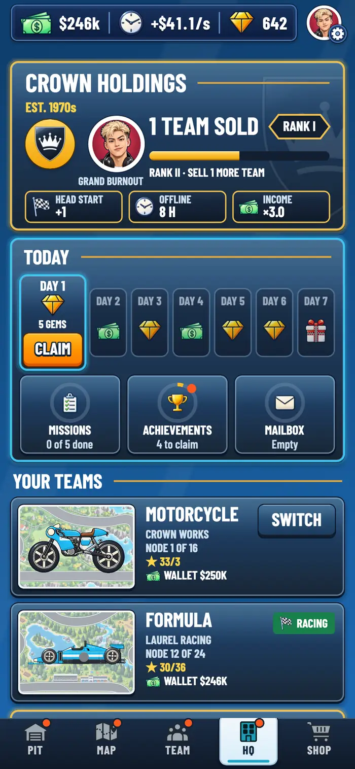 HQ: your company, its rank after one team sold, today's rewards and both of your teams