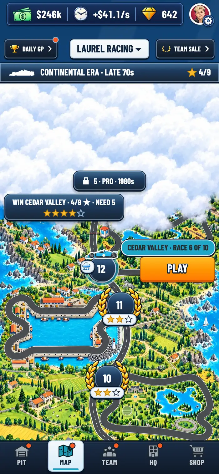The Map: the road of Grand Prix stops through a painted world, the next race at Cedar Valley